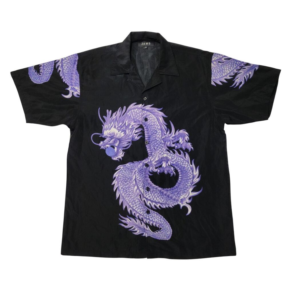 JAWS Men's Dragon Graphic Button-Up Shirt Black Purple Short Sleeve Polyester M